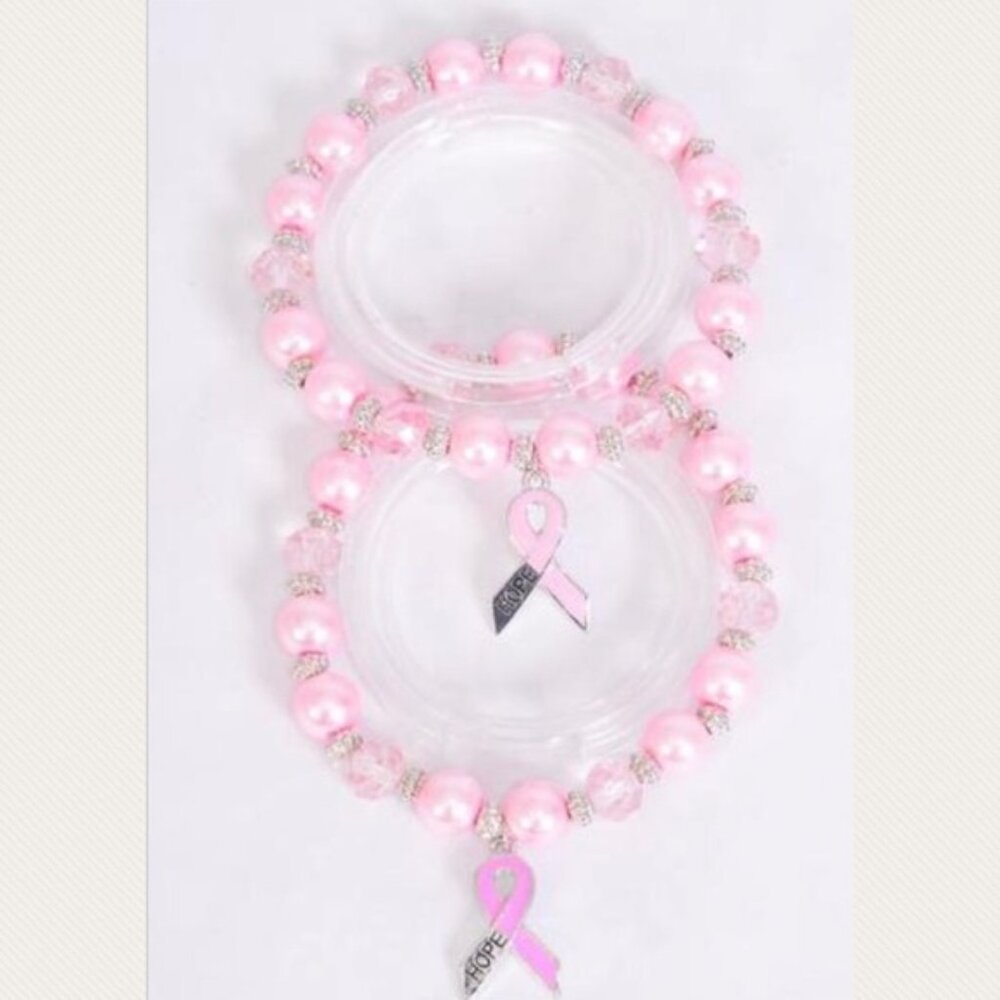25819 1 Dozen Glass Pearl Crystal Pink Ribbon Hope Bracelet Wholesale